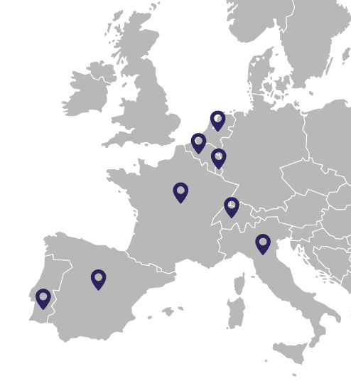 Kaart van Europa met de 8 landen aangeduid waarin de Murprotec-groep actief is